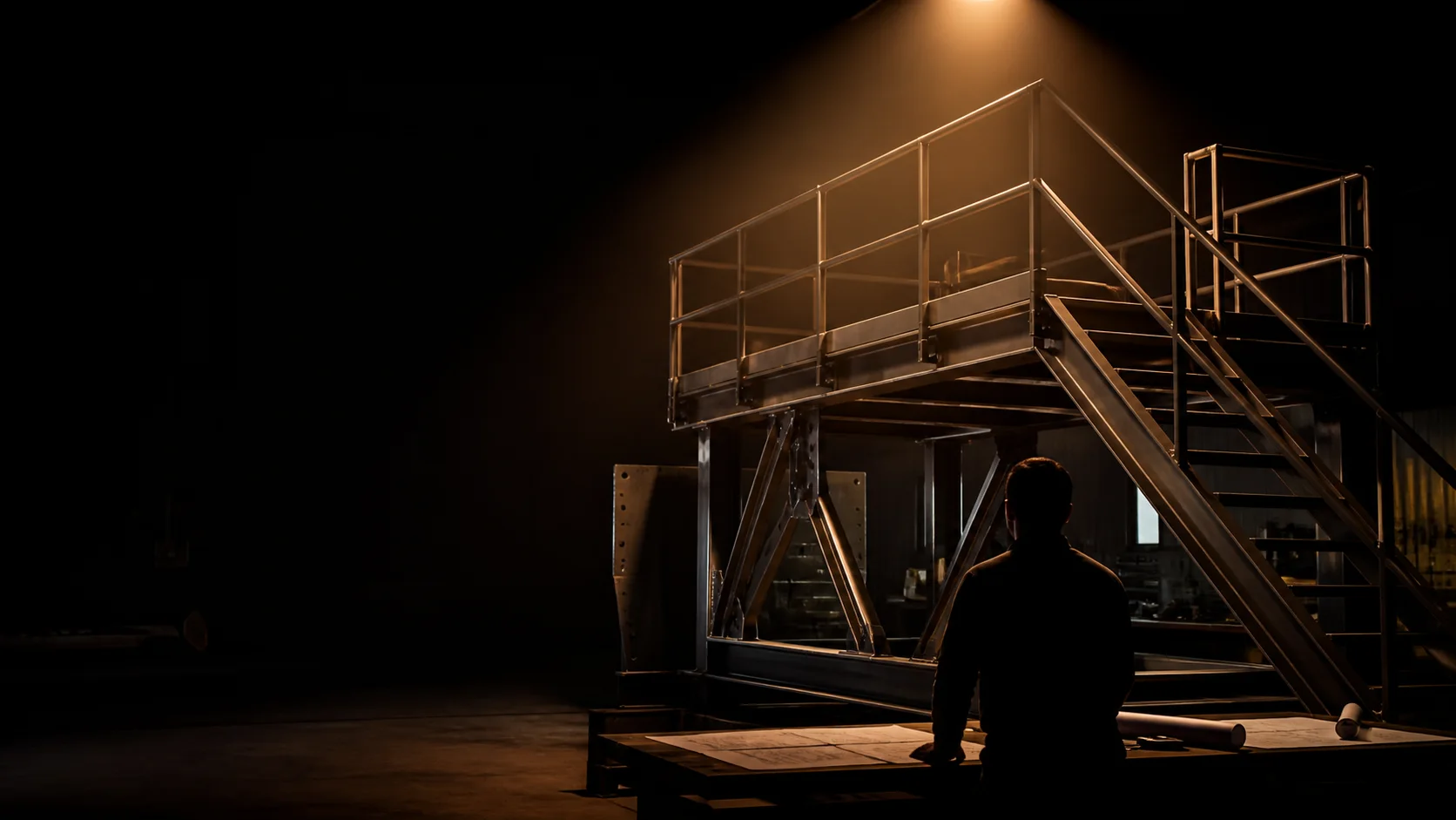 Fictional steel access platform in a dark workshop under warm amber light